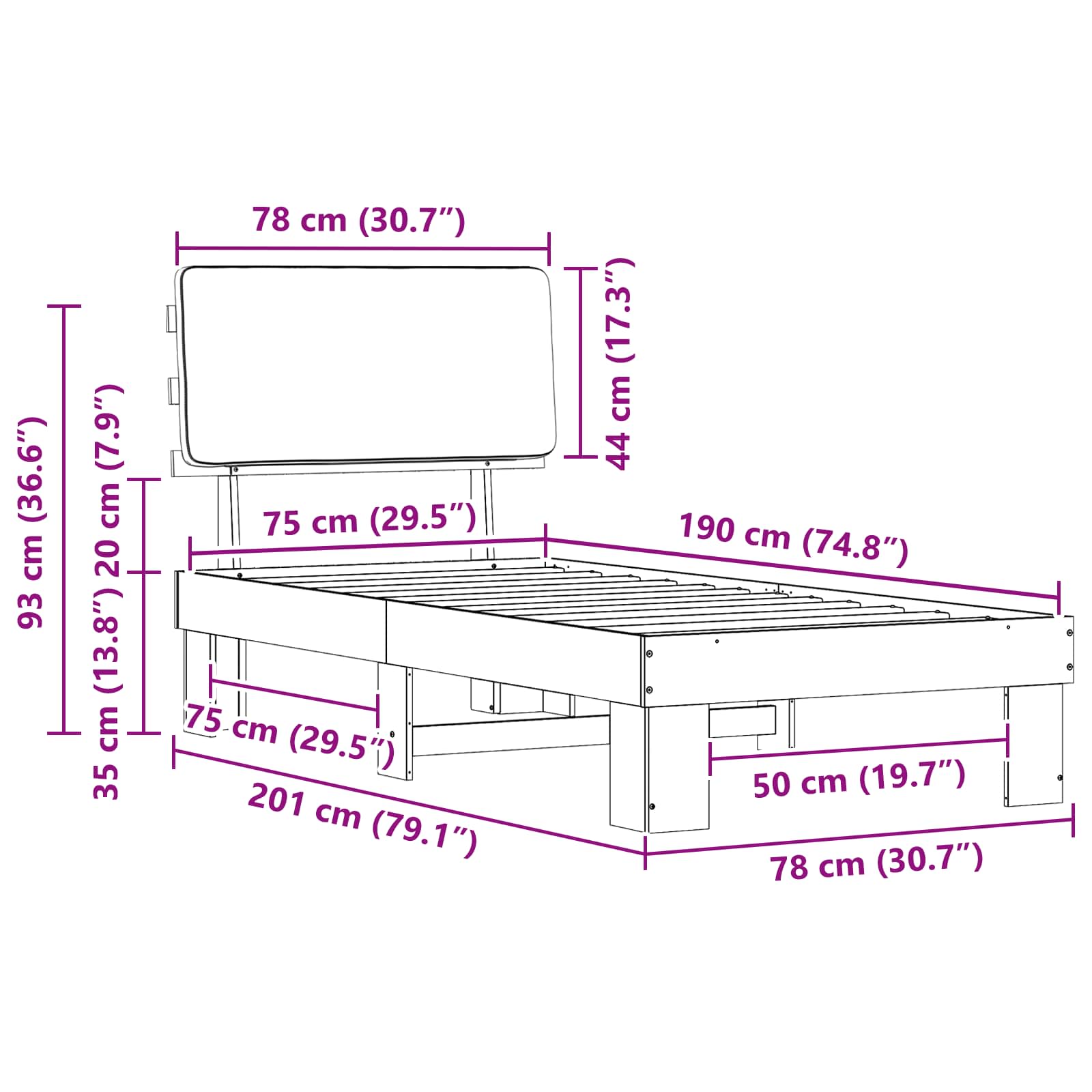 Bedframe met Gevoerd Hoofdgedeelte Donkergrijs 75 x 190 cm