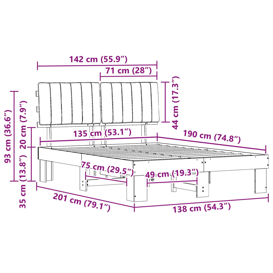 Bedframe met Gevoerd Hoofdgedeelte Donkergrijs 135 x 190 cm