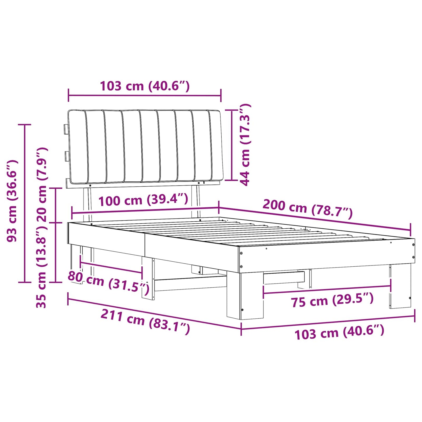 Bedframe met Gevoerd Hoofdgedeelte Donkergrijs 100 x 200 cm