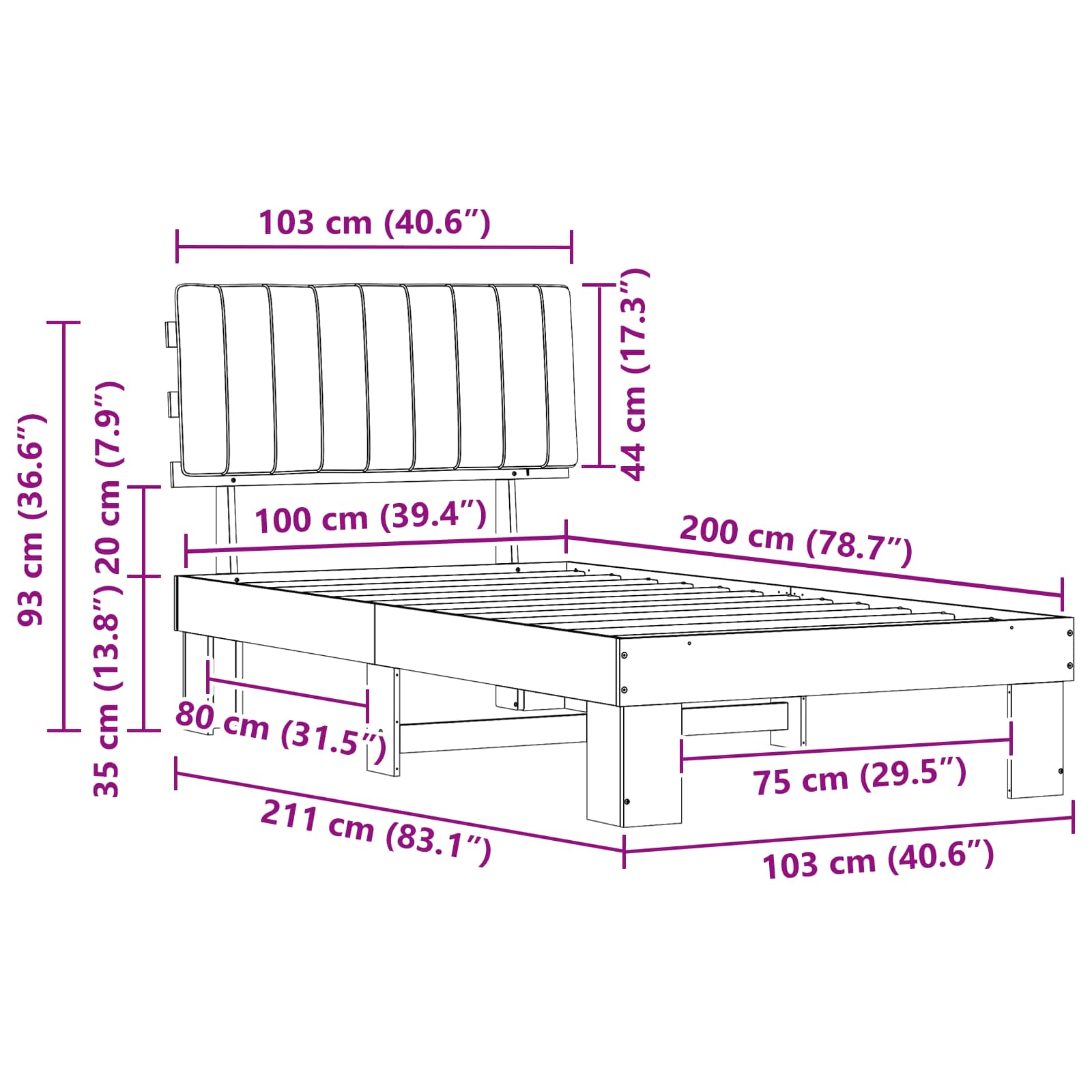 Bedframe met Gevoerd Hoofdgedeelte Zwart 100 x 200 cm
