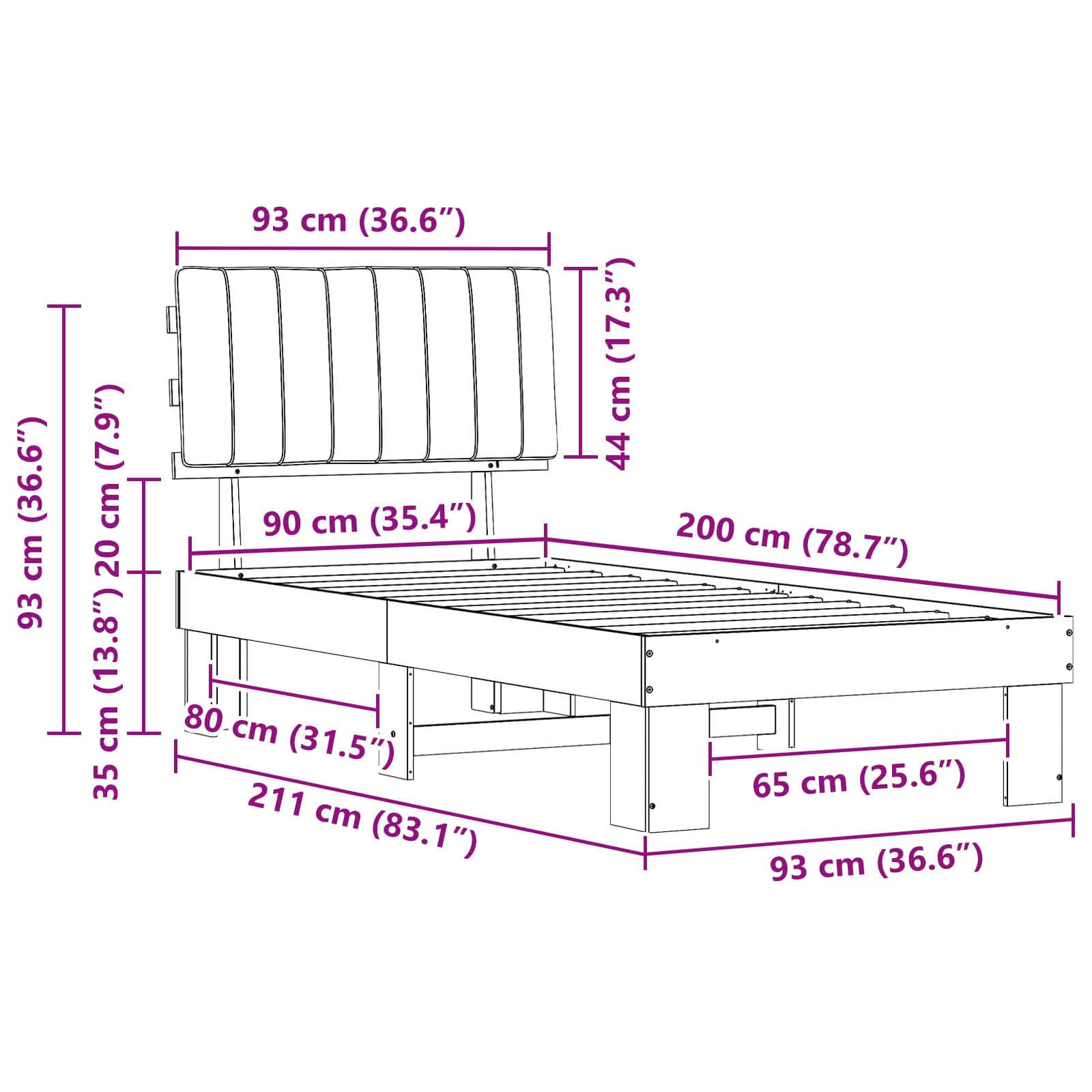 Bedframe met Gevoerd Hoofdgedeelte Zwart 90 x 200 cm