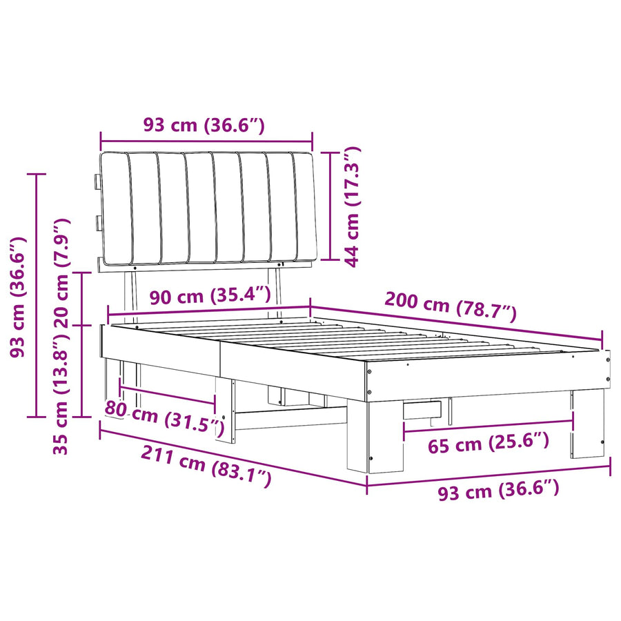 Bedframe met Gevoerd Hoofdgedeelte Lichtgrijs 90 x 200 cm