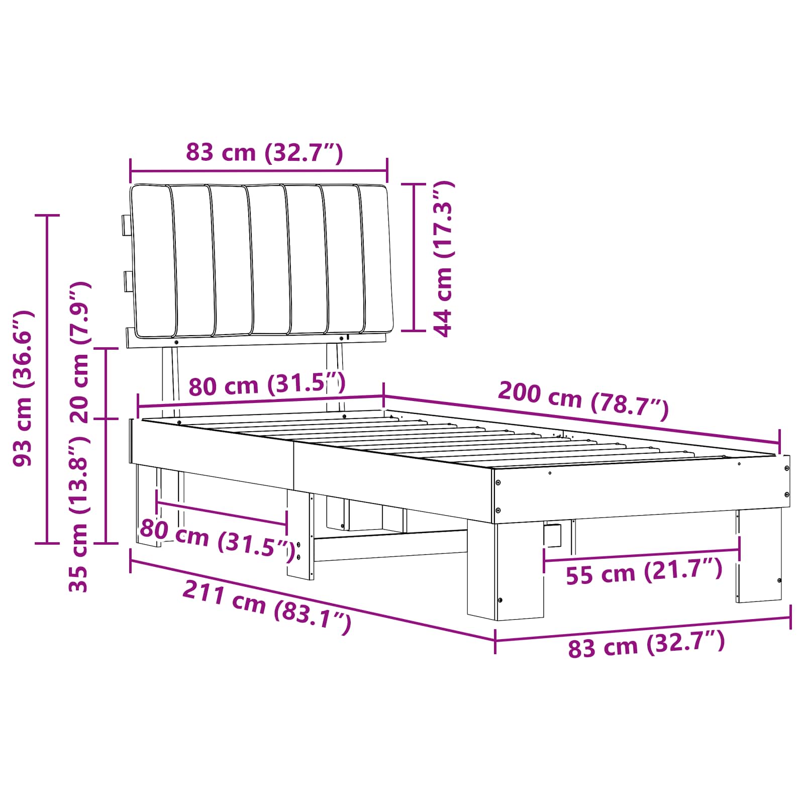 Bedframe met Gevoerd Hoofdgedeelte Lichtgrijs 80 x 200 cm