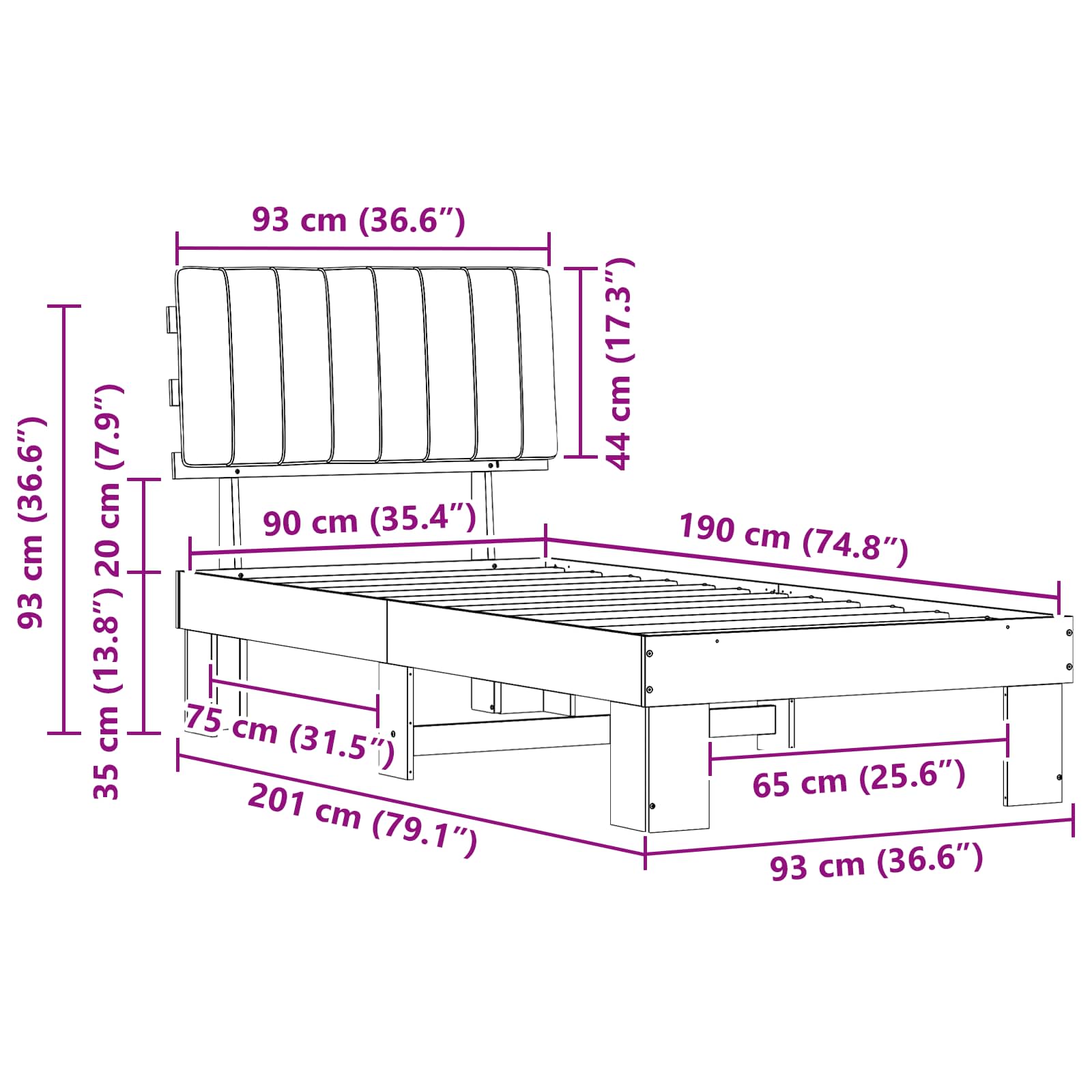 Bedframe met Gevoerd Hoofdgedeelte Zwart 90 x 190 cm