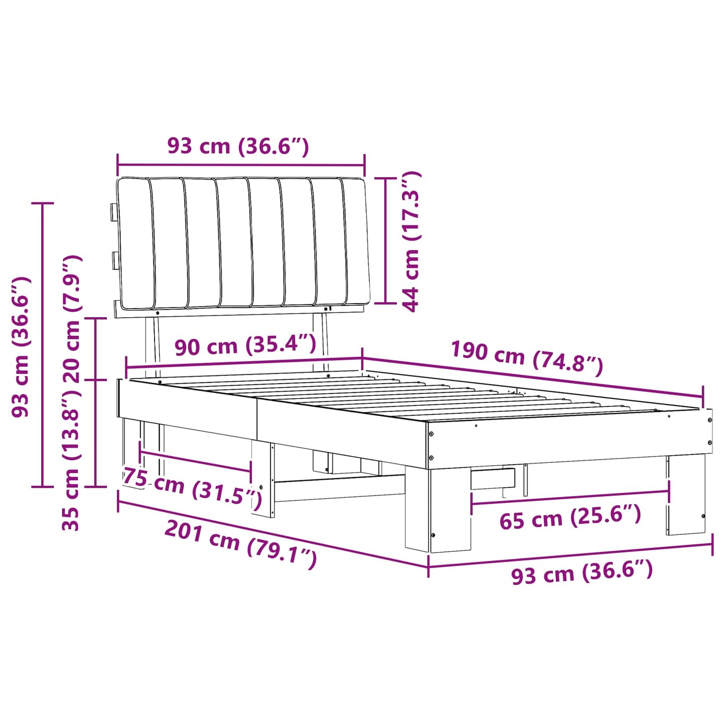 Bedframe met Gevoerd Hoofdgedeelte Lichtgrijs 90 x 190 cm
