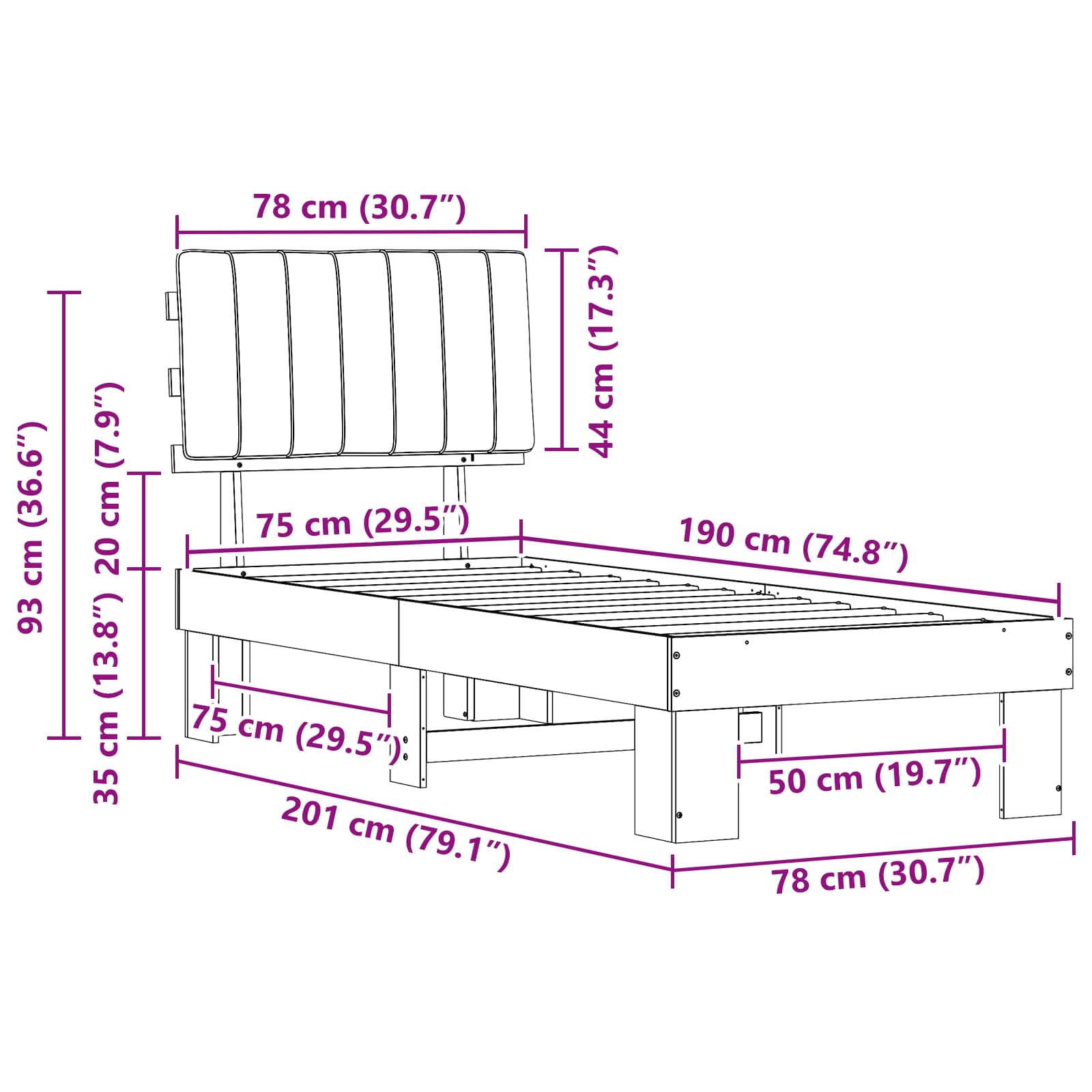 Bedframe met Gevoerd Hoofdgedeelte Lichtgrijs 75 x 190 cm