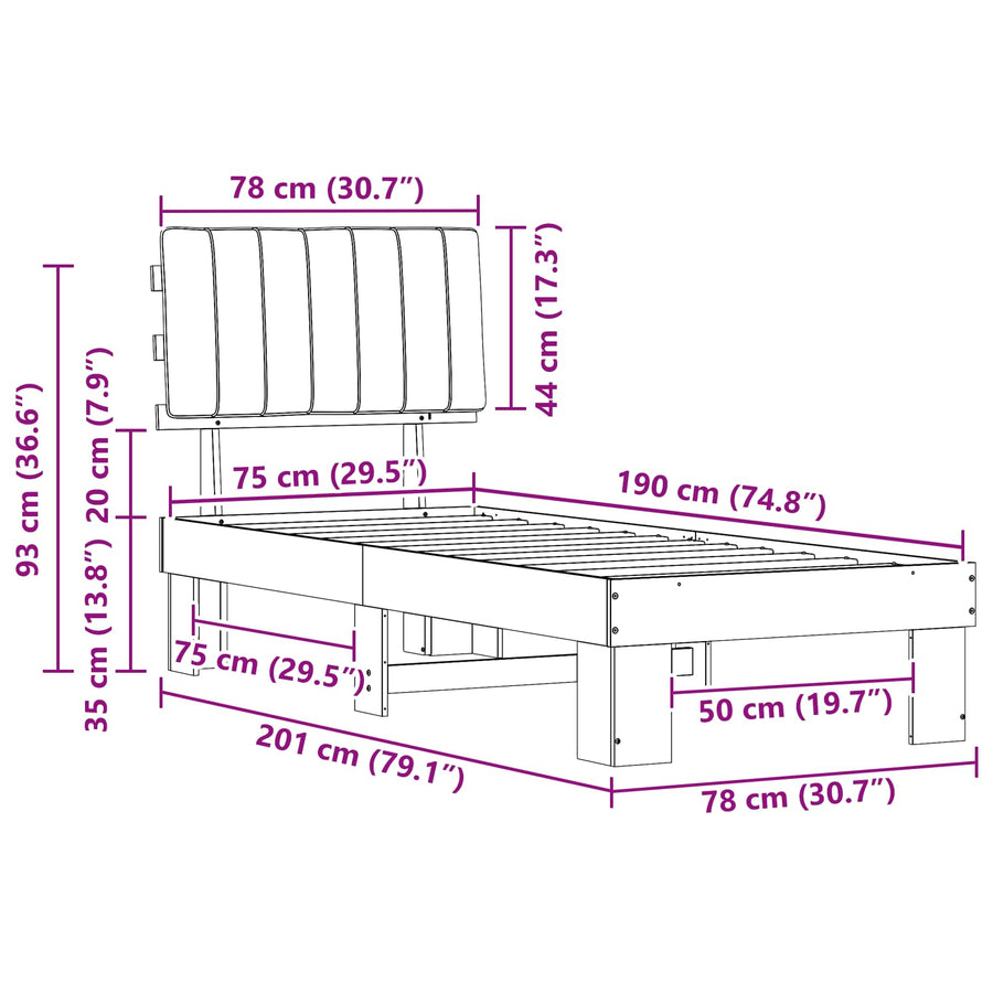 Bedframe met Gevoerd Hoofdgedeelte Lichtgrijs 75 x 190 cm