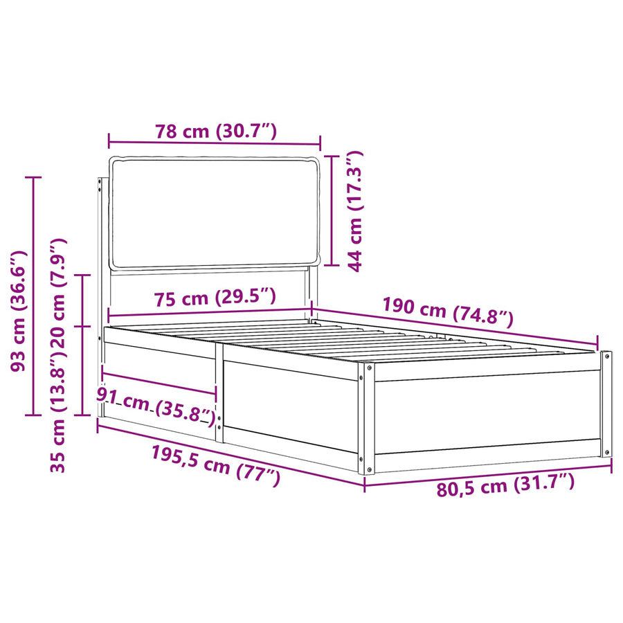 Bedframe met Gevoerd Hoofdgedeelte Lichtgrijs 75 x 190 cm