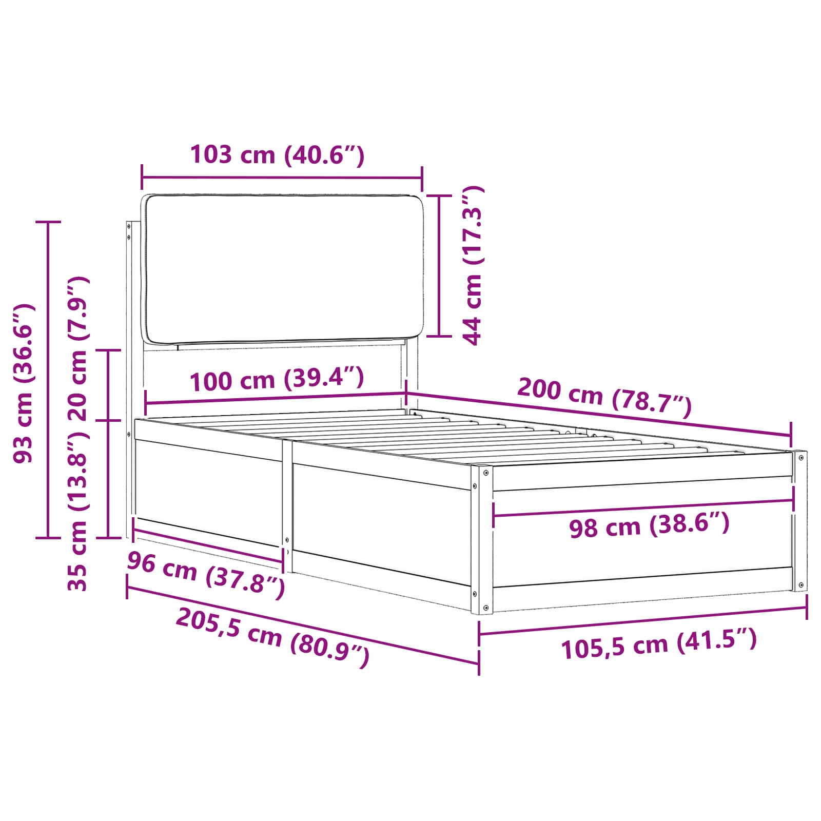 Bedframe met Gevoerd Hoofdgedeelte Donkergrijs 100 x 200 cm