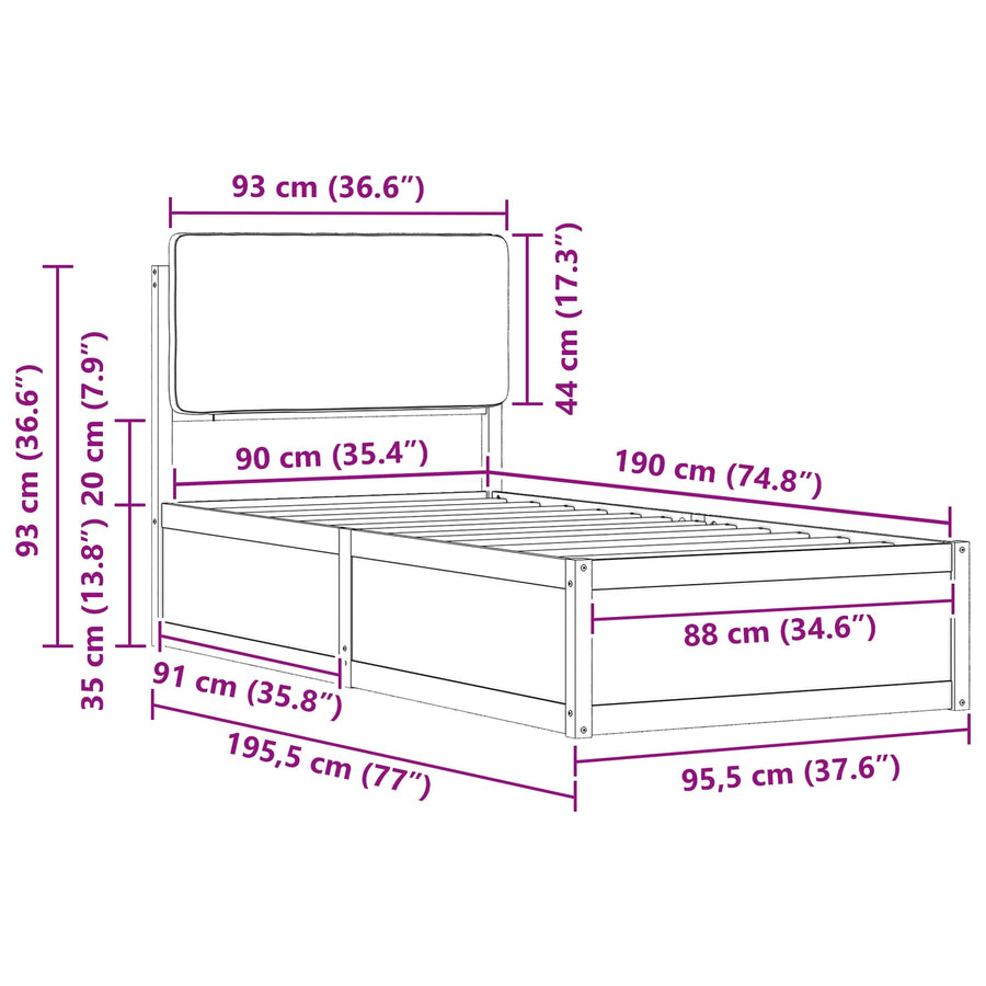 Bedframe met Gevoerd Hoofdgedeelte Lichtgrijs 90 x 190 cm