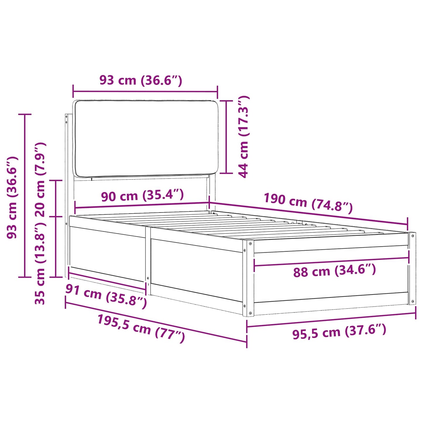Bedframe met Gevoerd Hoofdgedeelte Zwart 90 x 190 cm