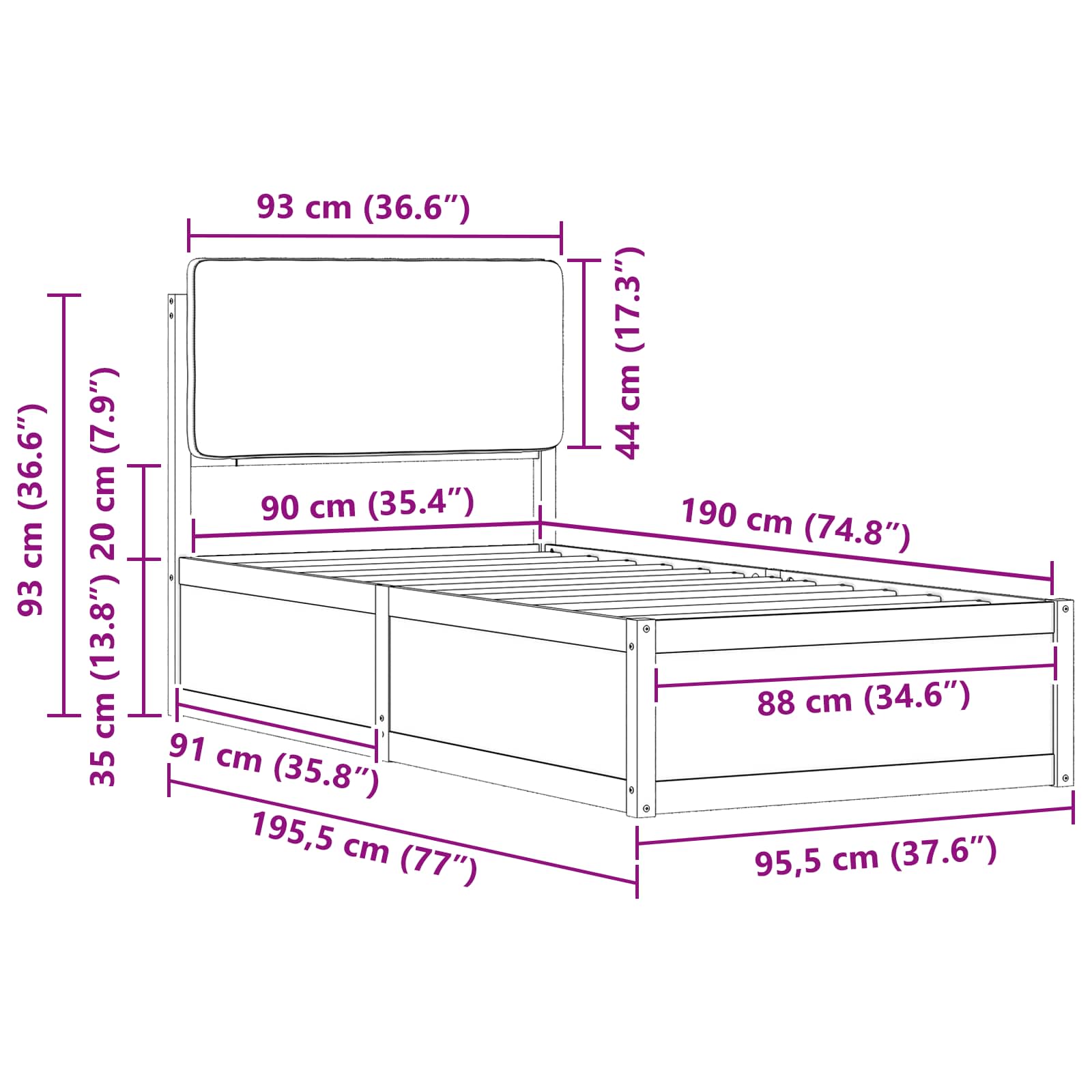 Bedframe met Gevoerd Hoofdgedeelte Zwart 90 x 190 cm