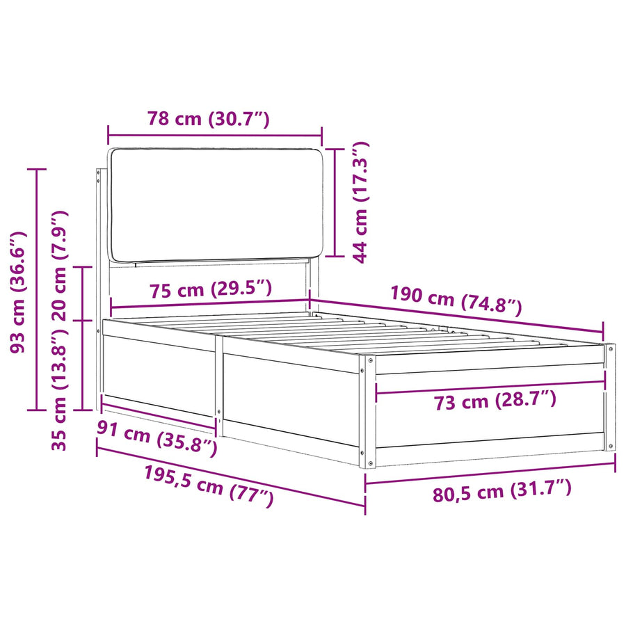 Bedframe met Gevoerd Hoofdgedeelte Lichtgrijs 75 x 190 cm