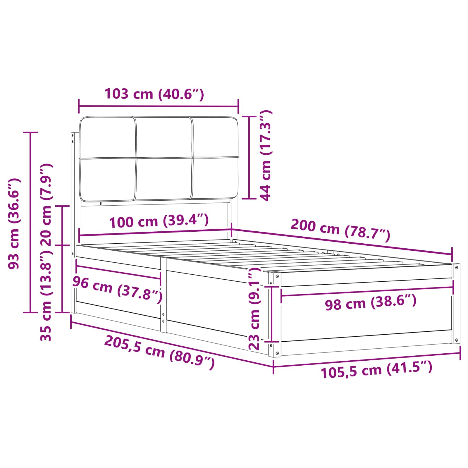 Bedframe met Gevoerd Hoofdgedeelte Lichtgrijs 100 x 200 cm
