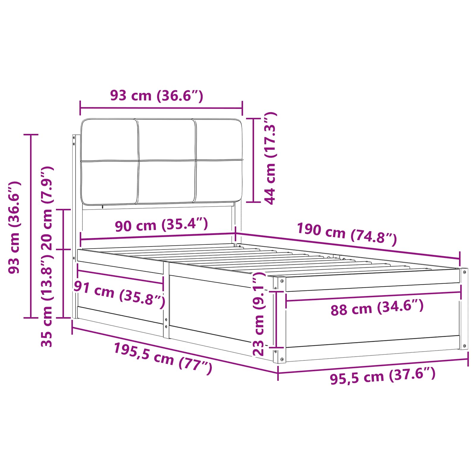 Bedframe met Gevoerd Hoofdgedeelte Lichtgrijs 90 x 190 cm