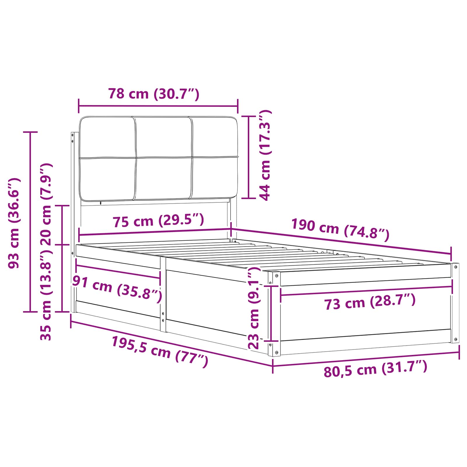 Bedframe met Gevoerd Hoofdgedeelte Zwart 75 x 190 cm