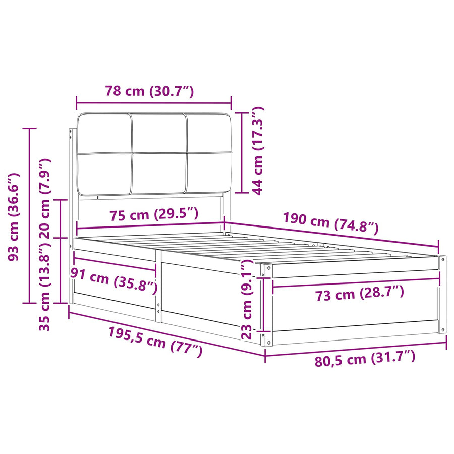 Bedframe met Gevoerd Hoofdgedeelte Lichtgrijs 75 x 190 cm