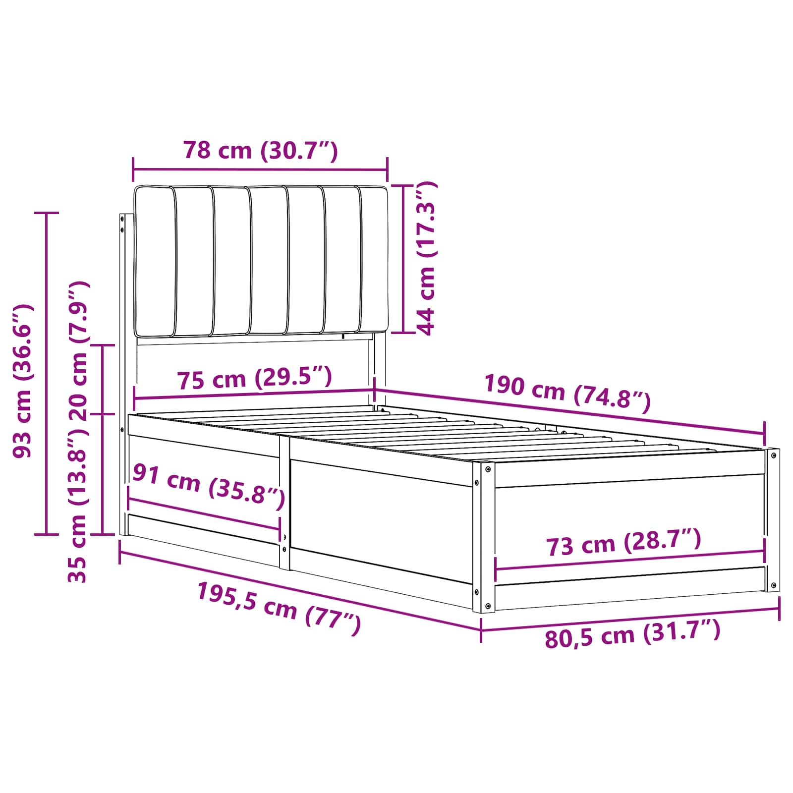 Bedframe met Gevoerd Hoofdgedeelte Zwart 75 x 190 cm