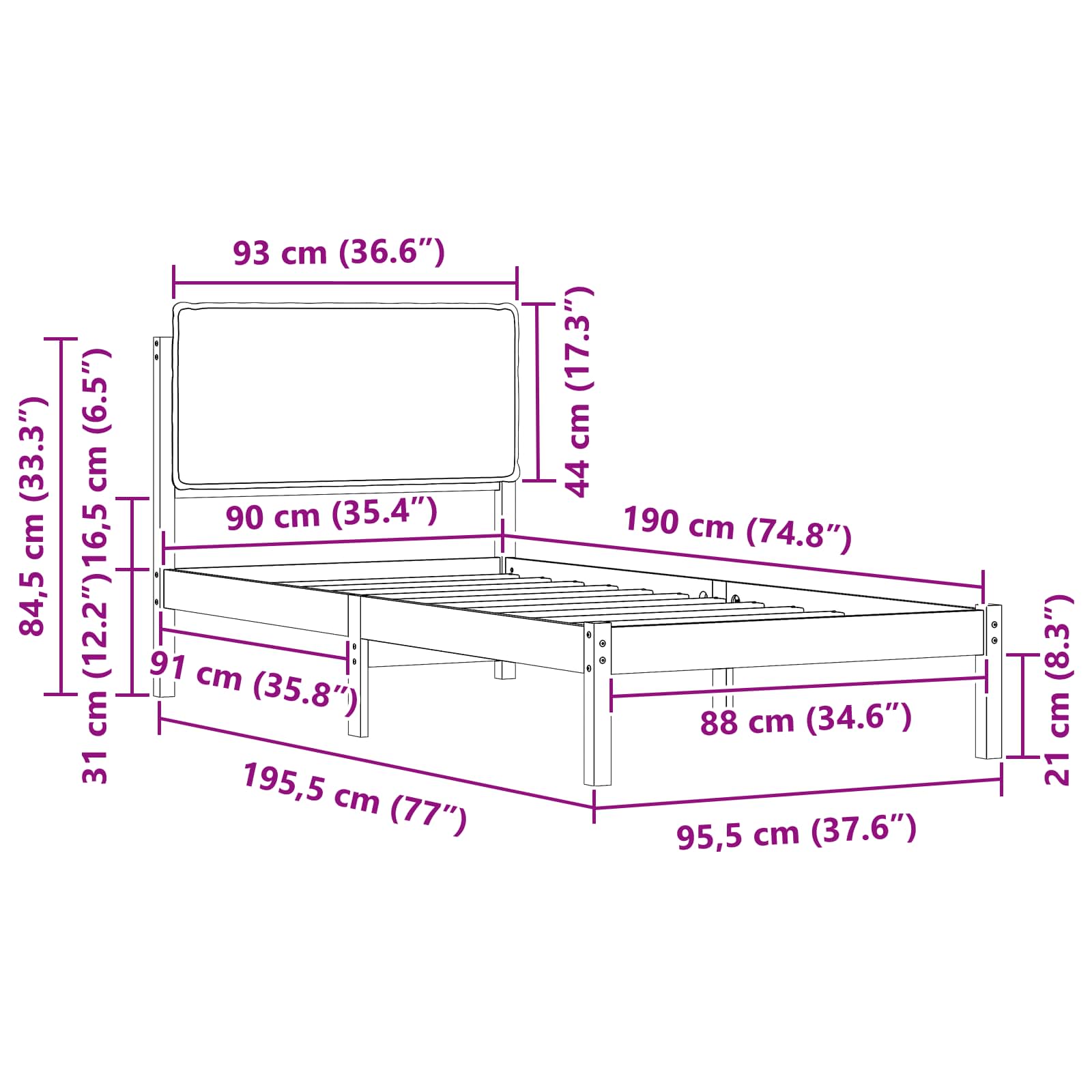 Bedframe met Gevoerd Hoofdgedeelte Donkergrijs 90 x 190 cm