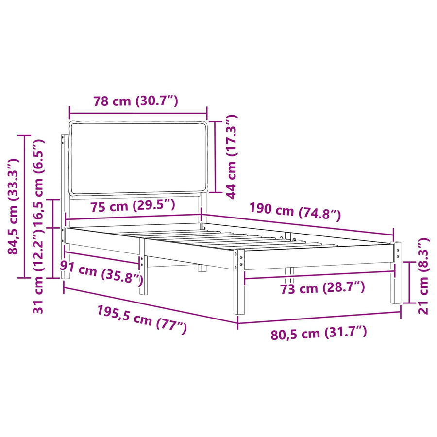 Bedframe met Gevoerd Hoofdgedeelte Lichtgrijs 75 x 190 cm