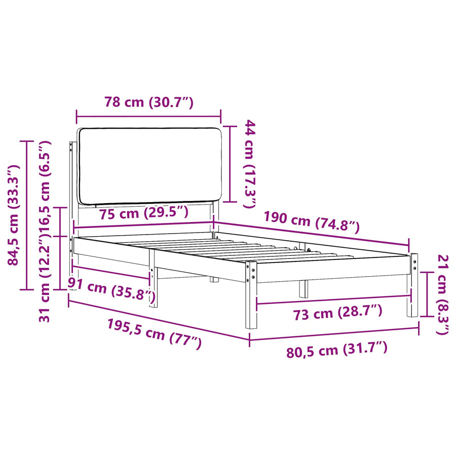 Bedframe met Gevoerd Hoofdgedeelte Zwart 75 x 190 cm