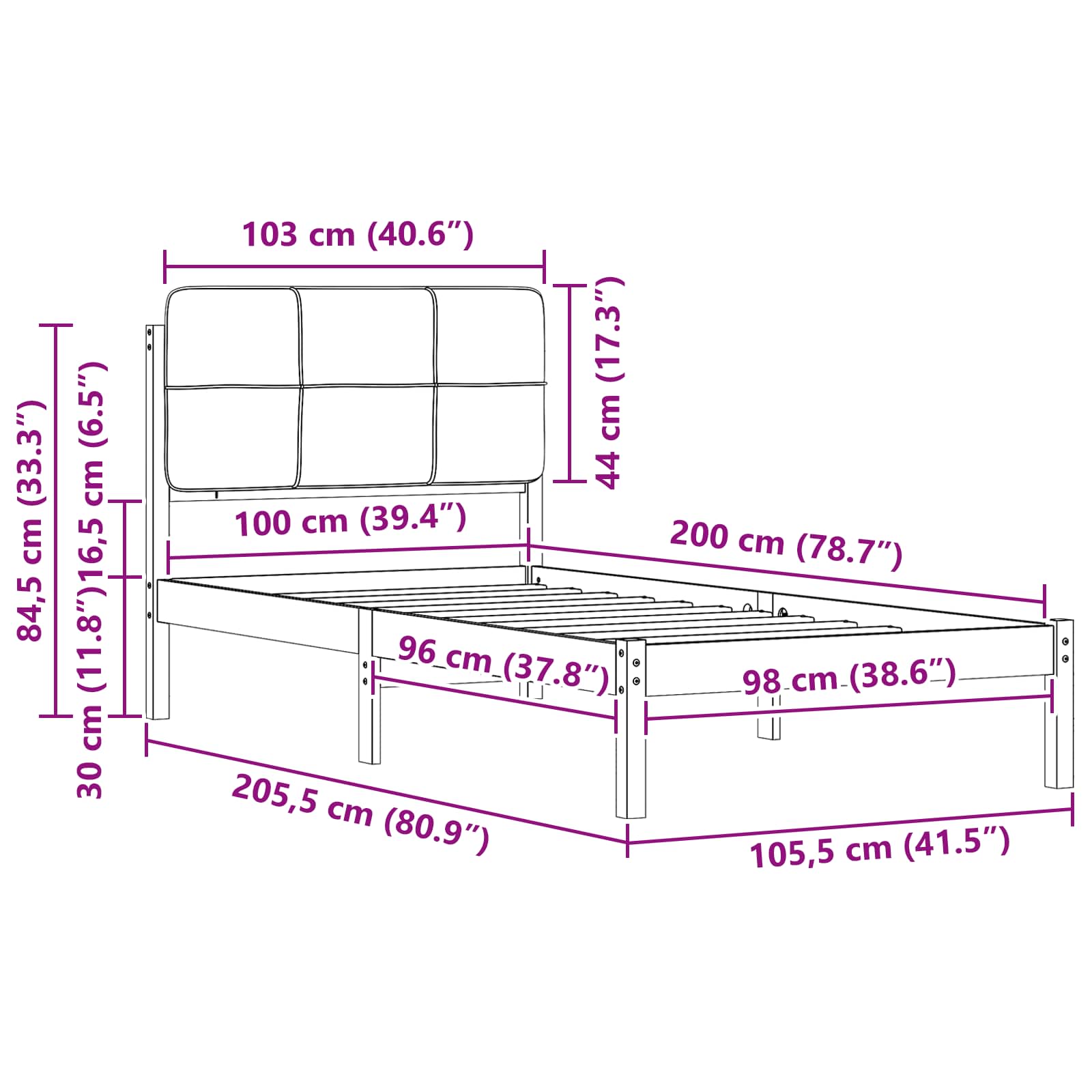Bedframe met Gevoerd Hoofdgedeelte Zwart 100 x 200 cm