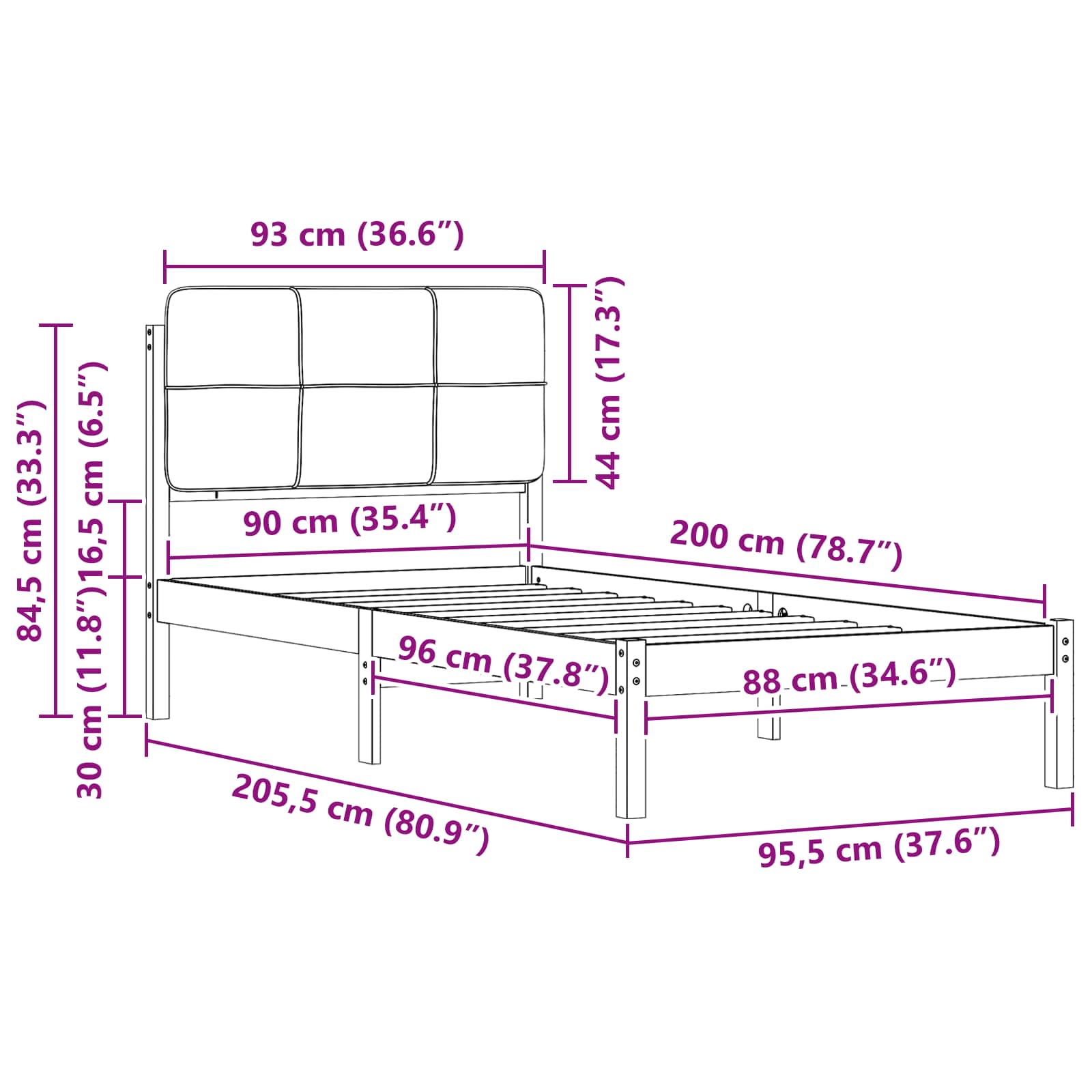 Bedframe met Gevoerd Hoofdgedeelte Zwart 90 x 200 cm