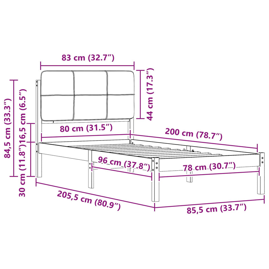 Bedframe met Gevoerd Hoofdgedeelte Zwart 80 x 200 cm