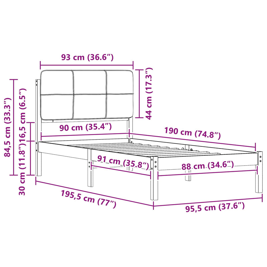 Bedframe met Gevoerd Hoofdgedeelte Donkergrijs 90 x 190 cm