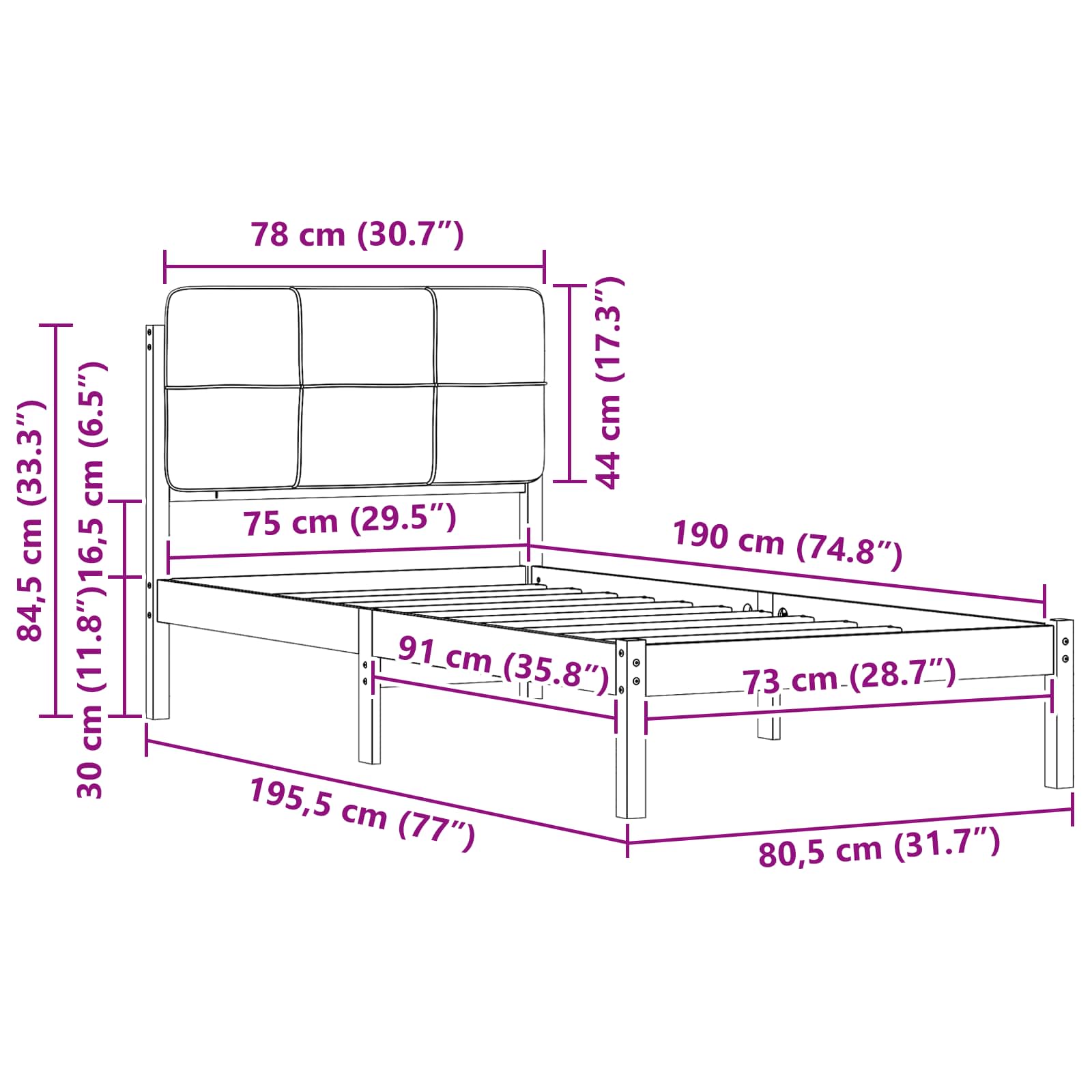 Bedframe met Gevoerd Hoofdgedeelte Lichtgrijs 75 x 190 cm