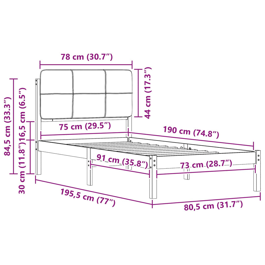 Bedframe met Gevoerd Hoofdgedeelte Lichtgrijs 75 x 190 cm