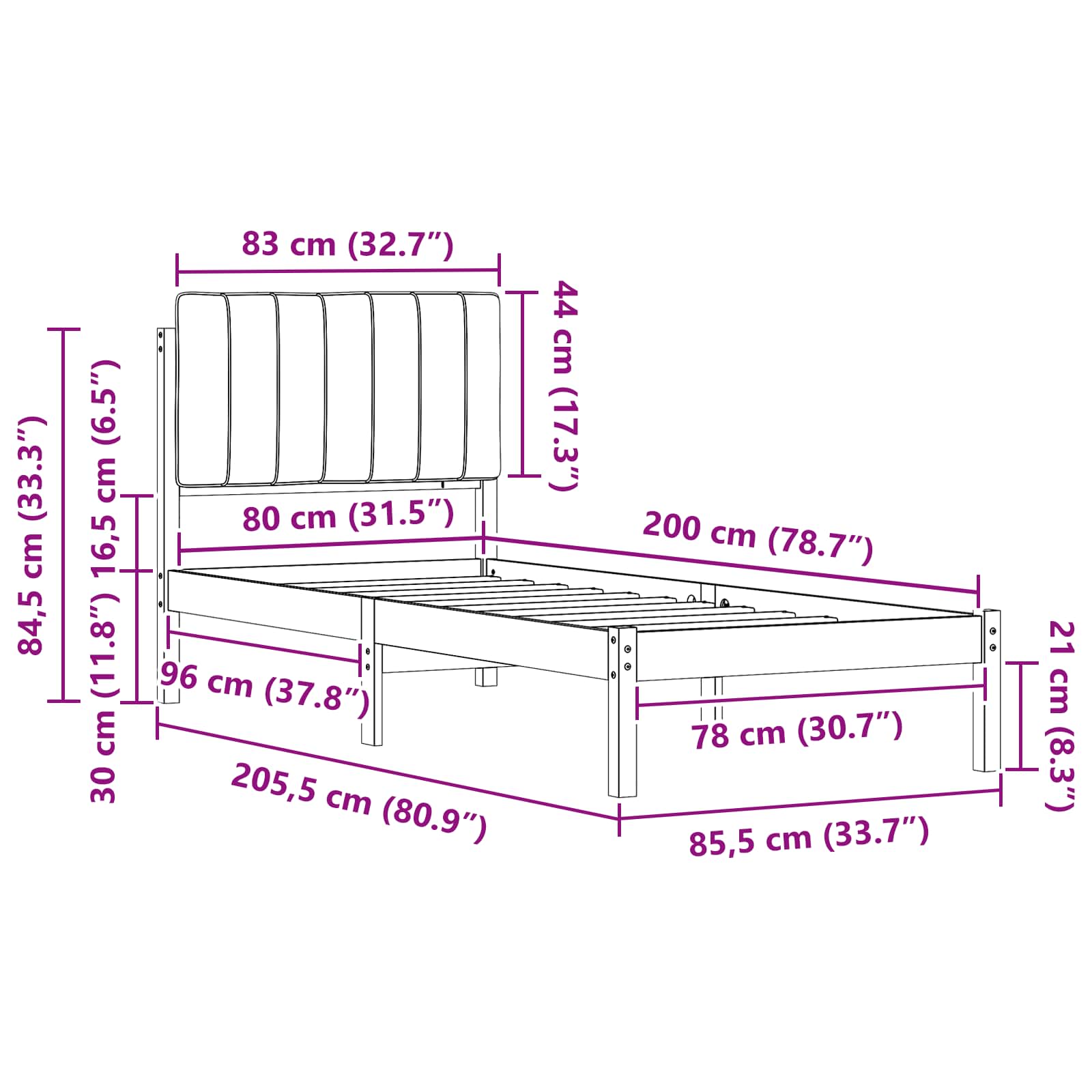 Bedframe met Gevoerd Hoofdgedeelte Zwart 80 x 200 cm