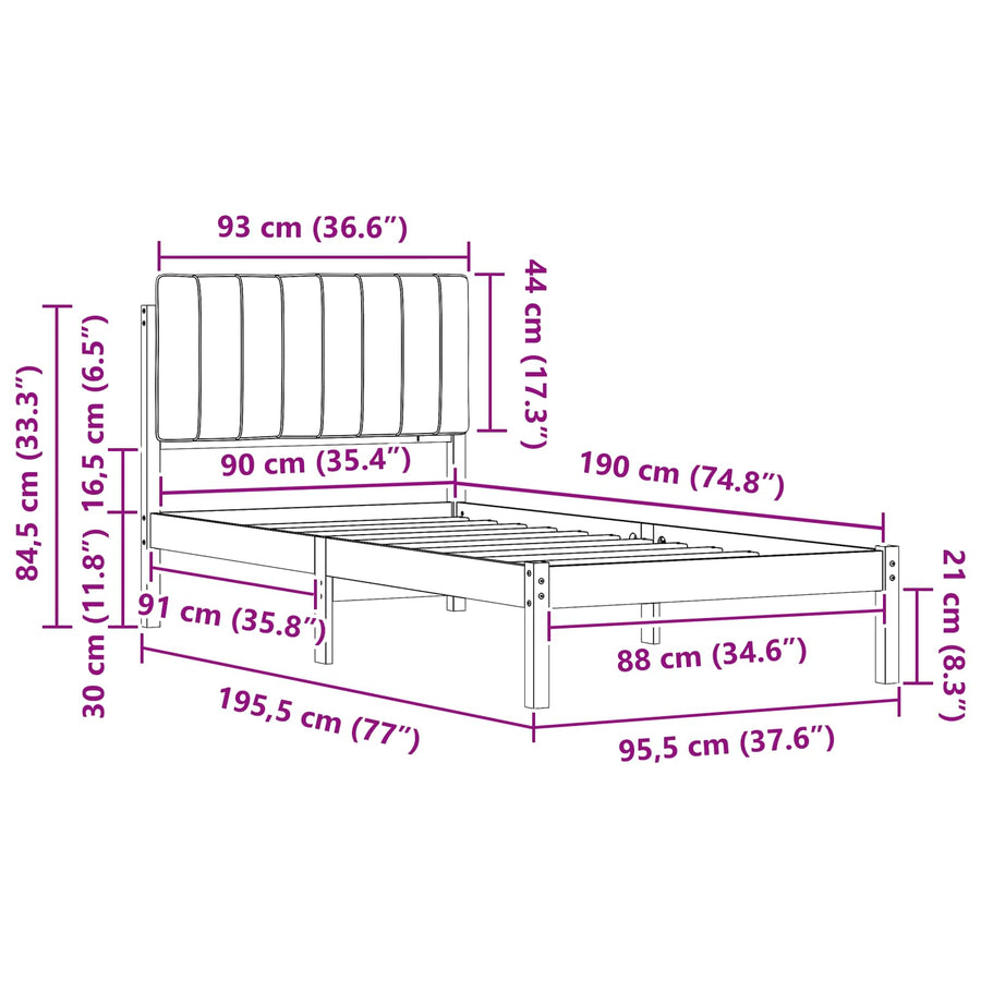 Bedframe met Gevoerd Hoofdgedeelte Zwart 90 x 190 cm
