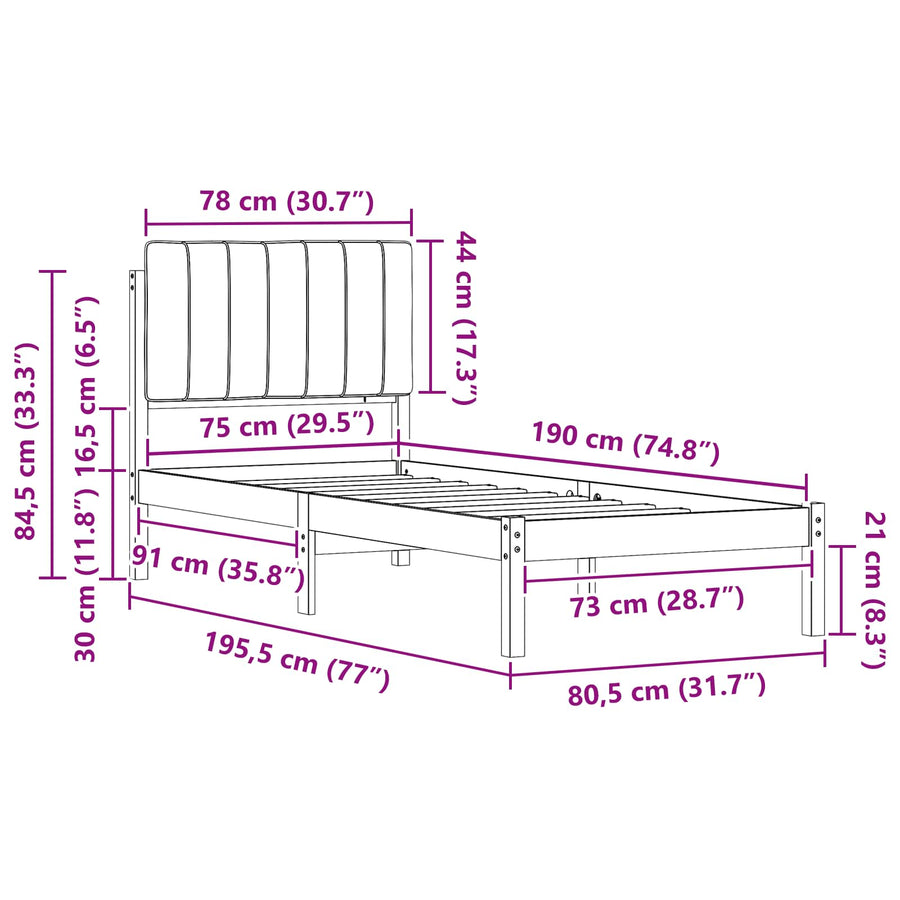 Bedframe met Gevoerd Hoofdgedeelte Lichtgrijs 75 x 190 cm