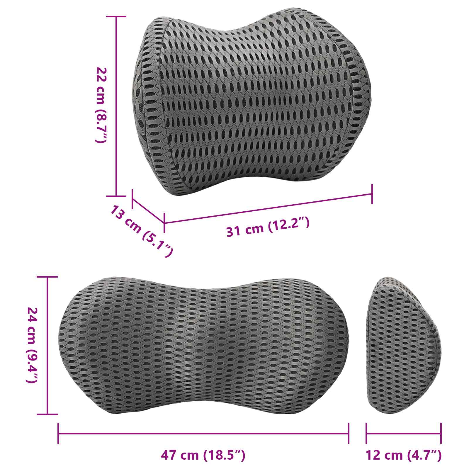 Hoofdkussen met kussen Verstelbaar 2 pcs Grijs 4D Mesh