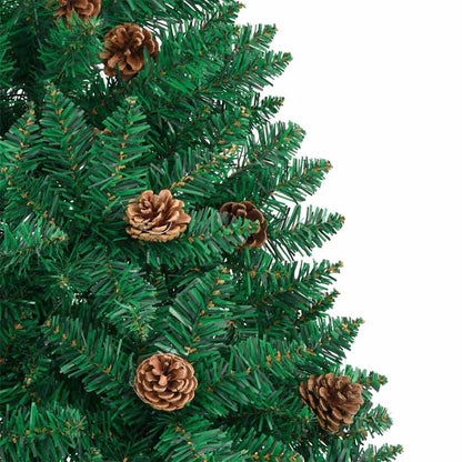 Slanke Kerstboom Pvc En Massief Dennenhout 210 cm Groen met 120 witte/grijze ballen