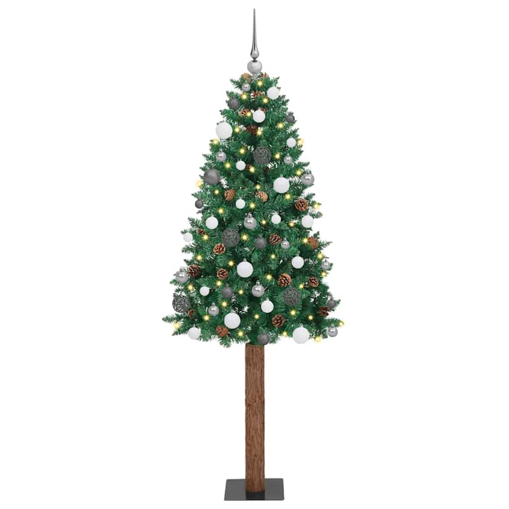 Slanke Kerstboom Pvc En Massief Dennenhout 210 cm Groen met 120 witte/grijze ballen