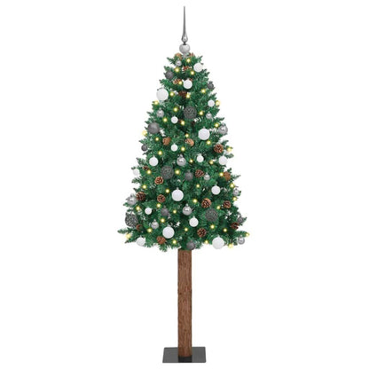 Slanke Kerstboom Pvc En Massief Dennenhout 210 cm Groen met 120 witte/grijze ballen