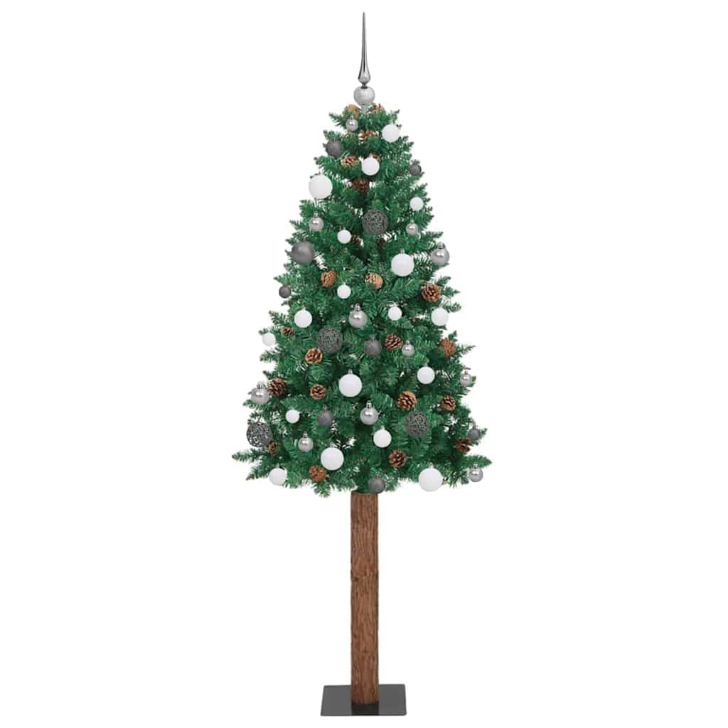 Slanke Kerstboom Pvc En Massief Dennenhout 210 cm Groen met 120 witte/grijze ballen