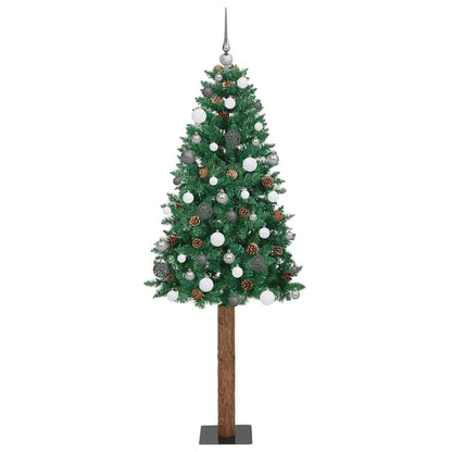 Slanke Kerstboom Pvc En Massief Dennenhout 210 cm Groen met 120 witte/grijze ballen