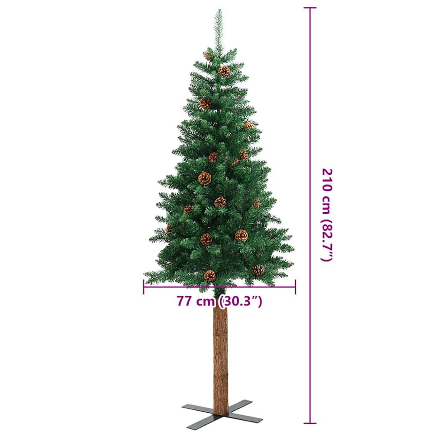 Slanke Kerstboom Groen 210 cm PVC en massief dennenhout