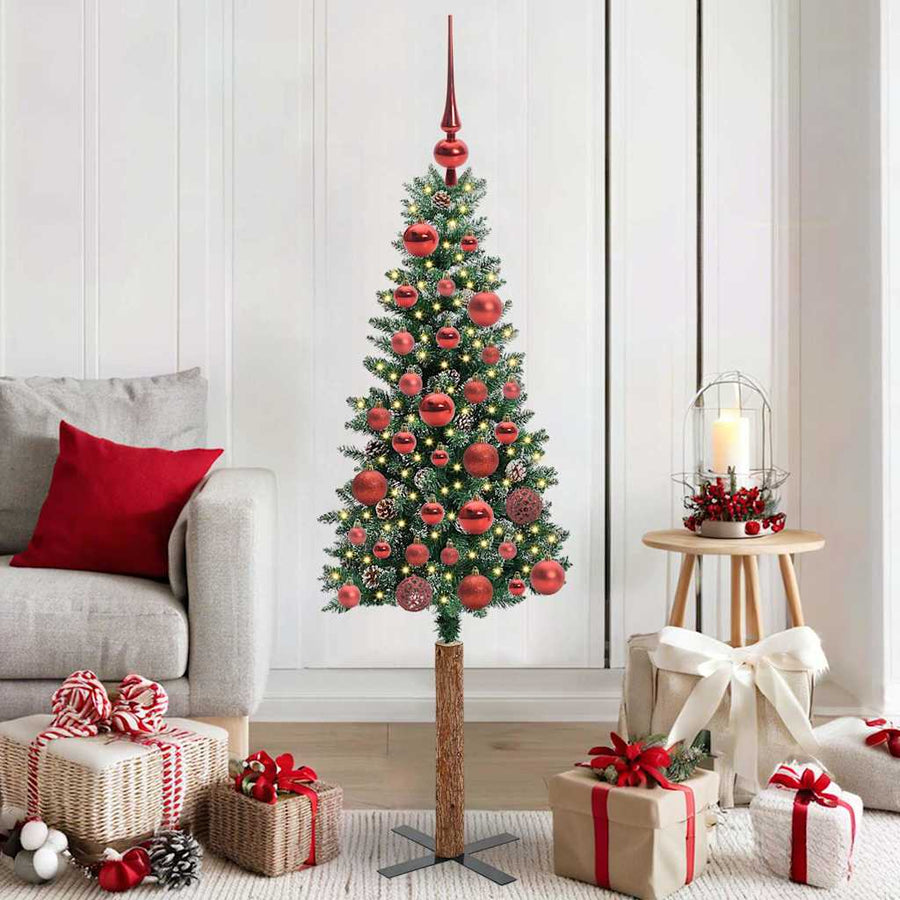 Slanke Kerstboom Groen en Wit 150 cm PVC en massief dennenhout