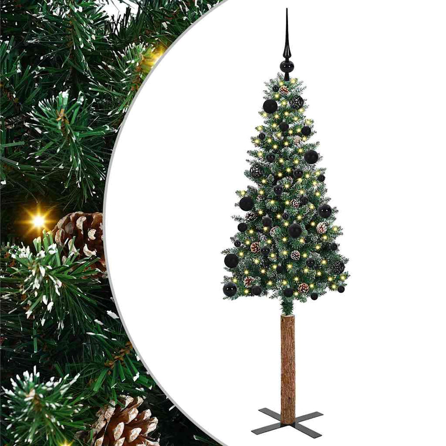 Slanke Kerstboom Groen en Wit 150 cm PVC en massief dennenhout