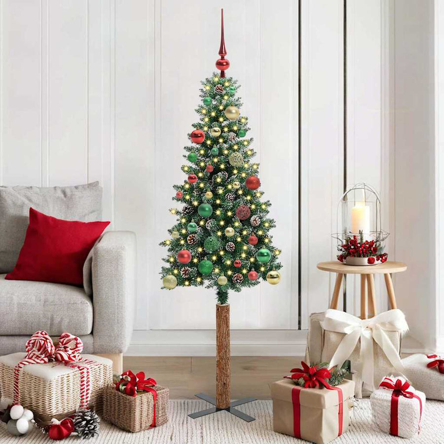 Slanke Kerstboom Groen en Wit 150 cm PVC en massief dennenhout