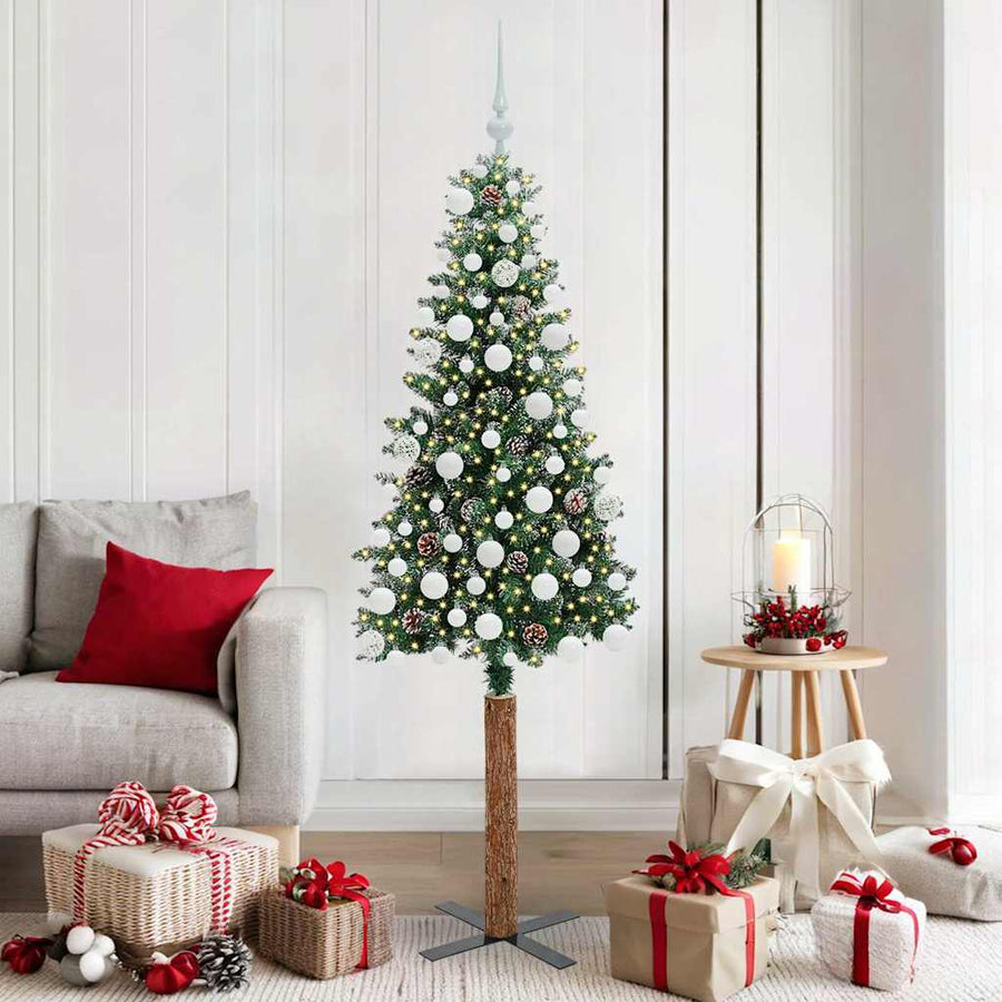 Slanke Kerstboom Groen en Wit 180 cm PVC en massief dennenhout
