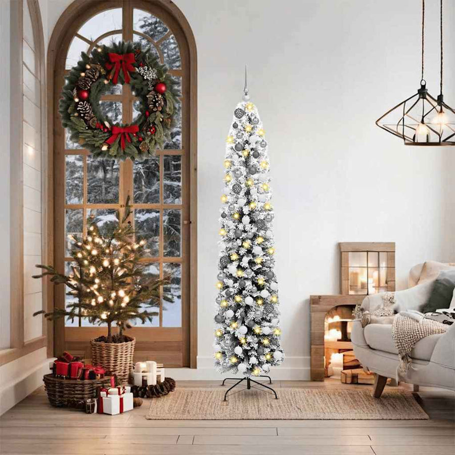 Slanke Kerstboom 300 LED's & Ballenset & Besneeuwde Takken Groen 180 cm