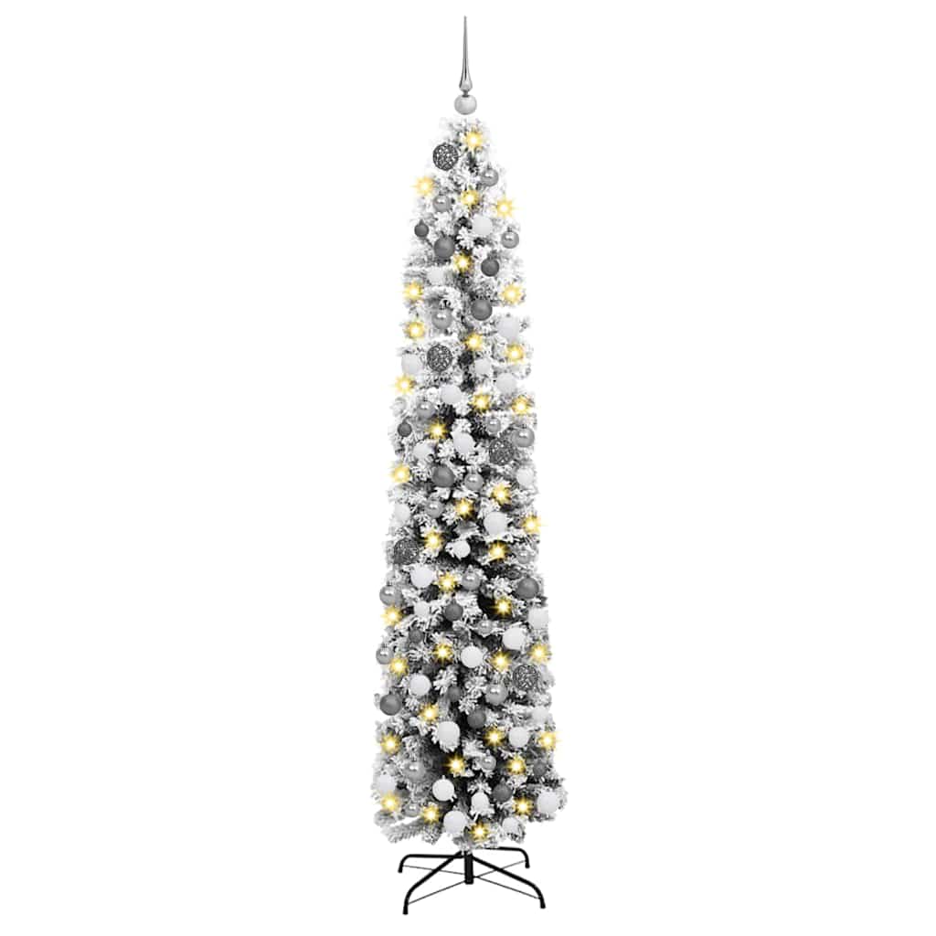Slanke Kerstboom 300 LED's & Ballenset & Besneeuwde Takken Groen 180 cm