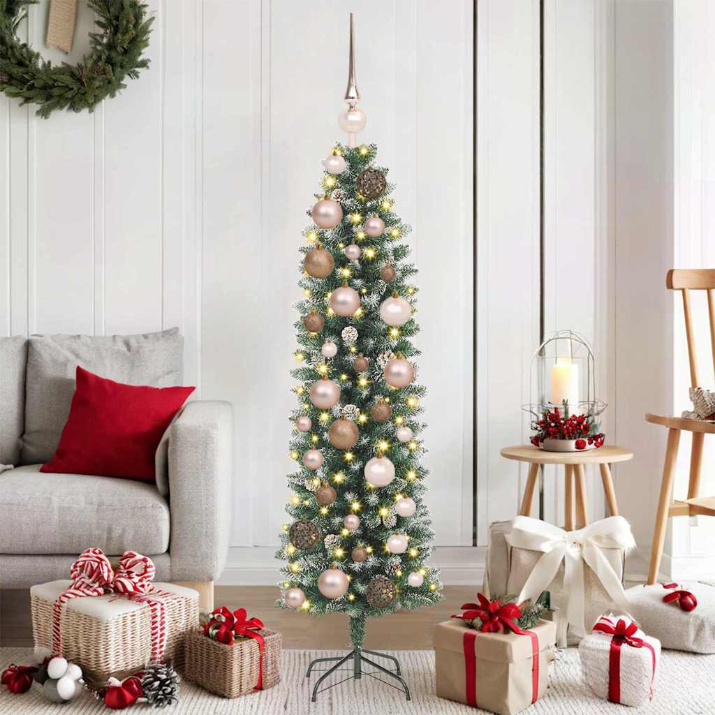 Kunstmatige slanke kerstboom met 150 LED Groen en Wit 120 cm