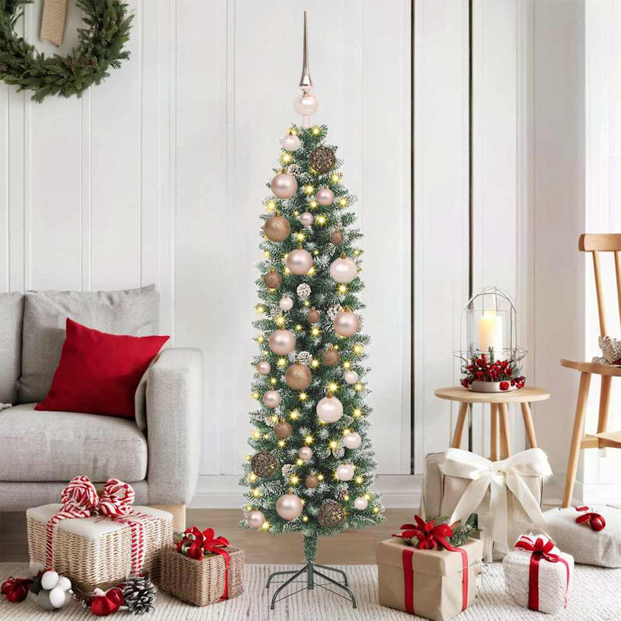 Kunstmatige slanke kerstboom met 150 LED Groen en Wit 120 cm