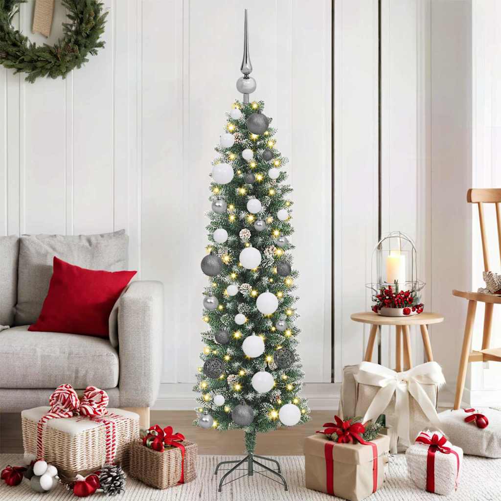 Kunstmatige slanke kerstboom met 150 LED Groen en Wit 120 cm